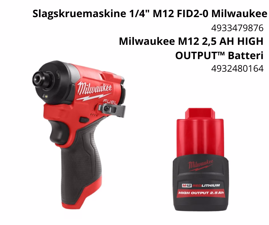 Slagskruemaskine 1/4" M12 FID2-0 Milwaukee + batteri