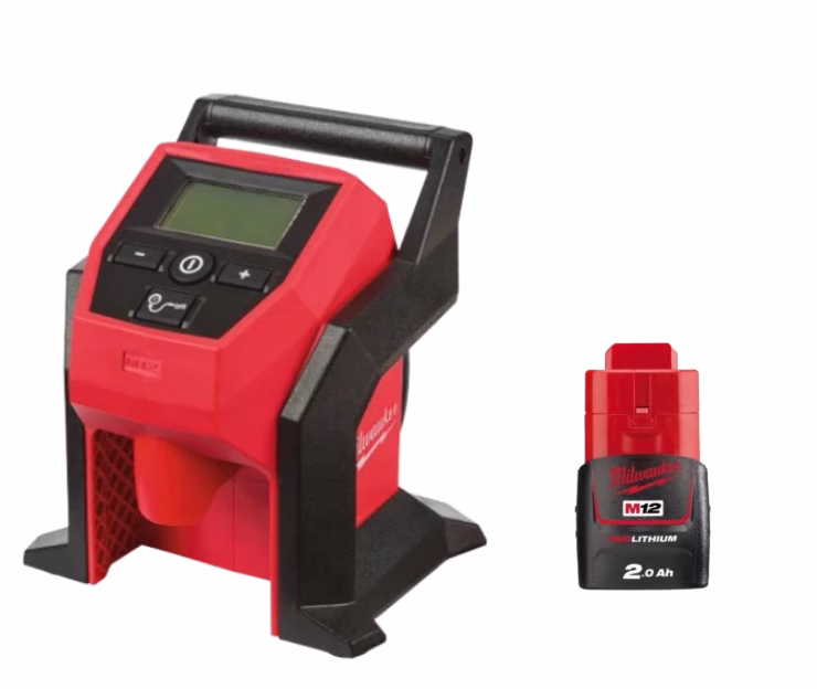 Milwaukee M12 kompakt luftpumpe med M12 B2 2,0 Ah batteri